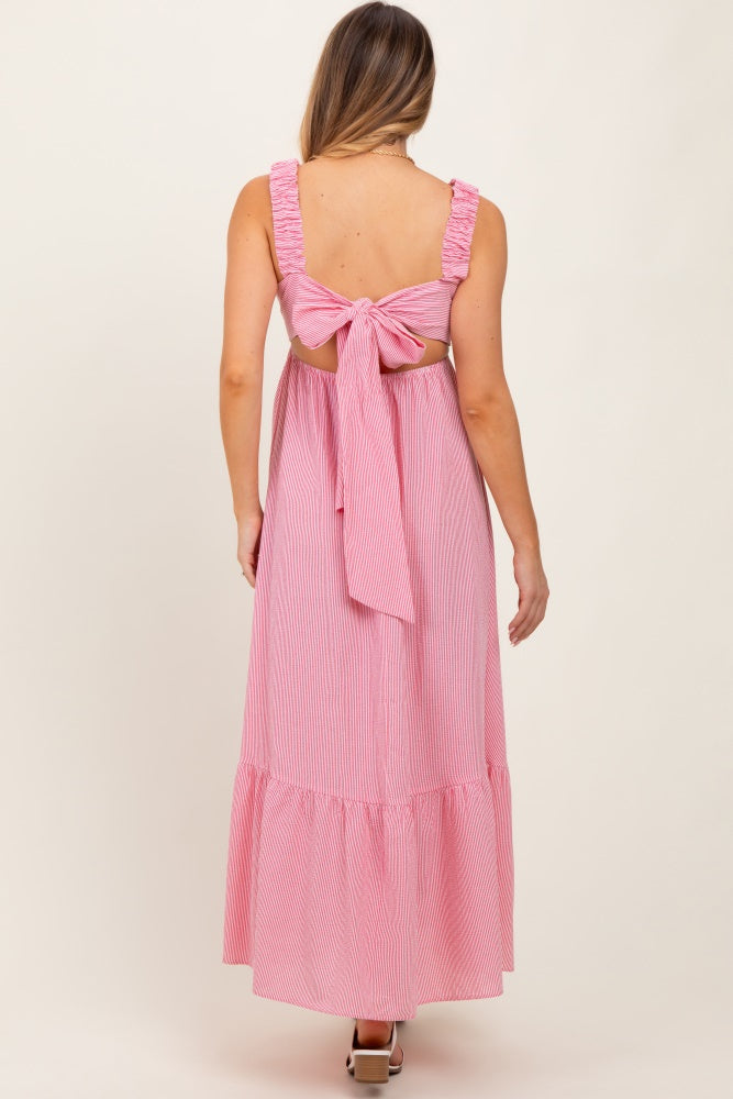 Red Scrunch Strap Back Tie Ruffle Maxi Dress