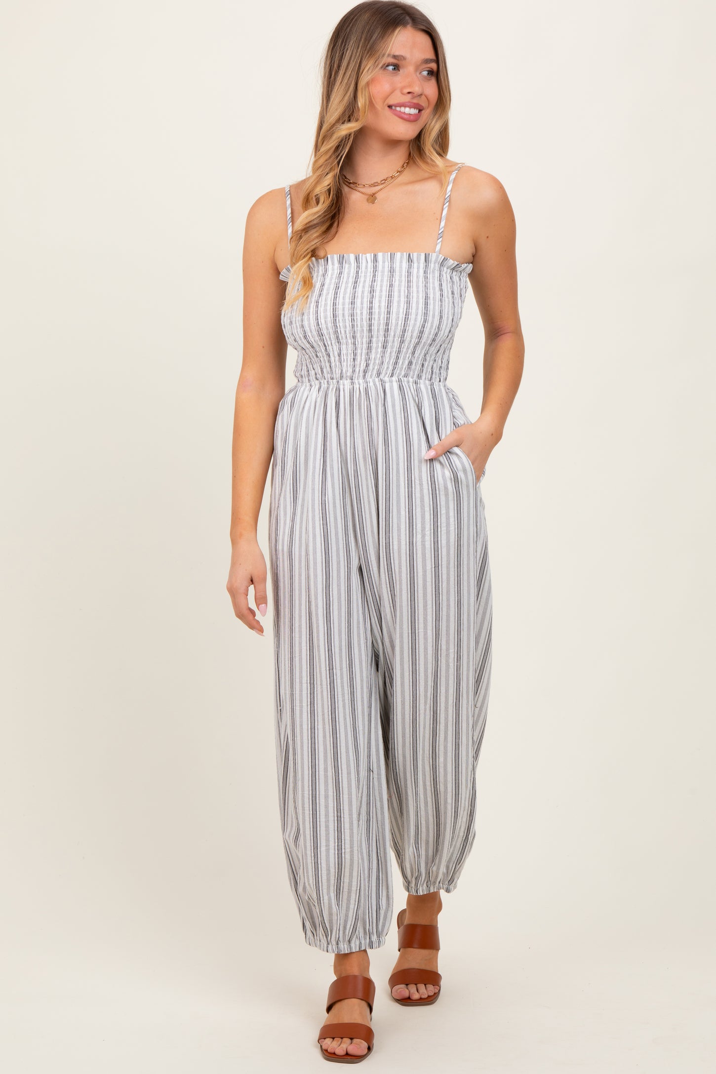 Cream Smocked Striped Balloon Jumpsuit