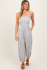 Cream Smocked Striped Balloon Jumpsuit