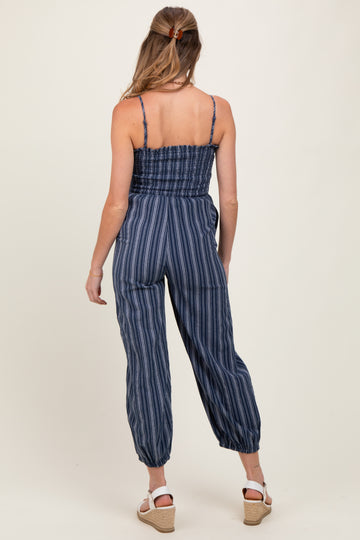 Navy Smocked Striped Balloon Maternity Jumpsuit