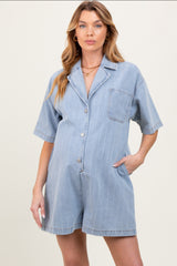 Blue Denim Striped Short Sleeve Maternity Romper