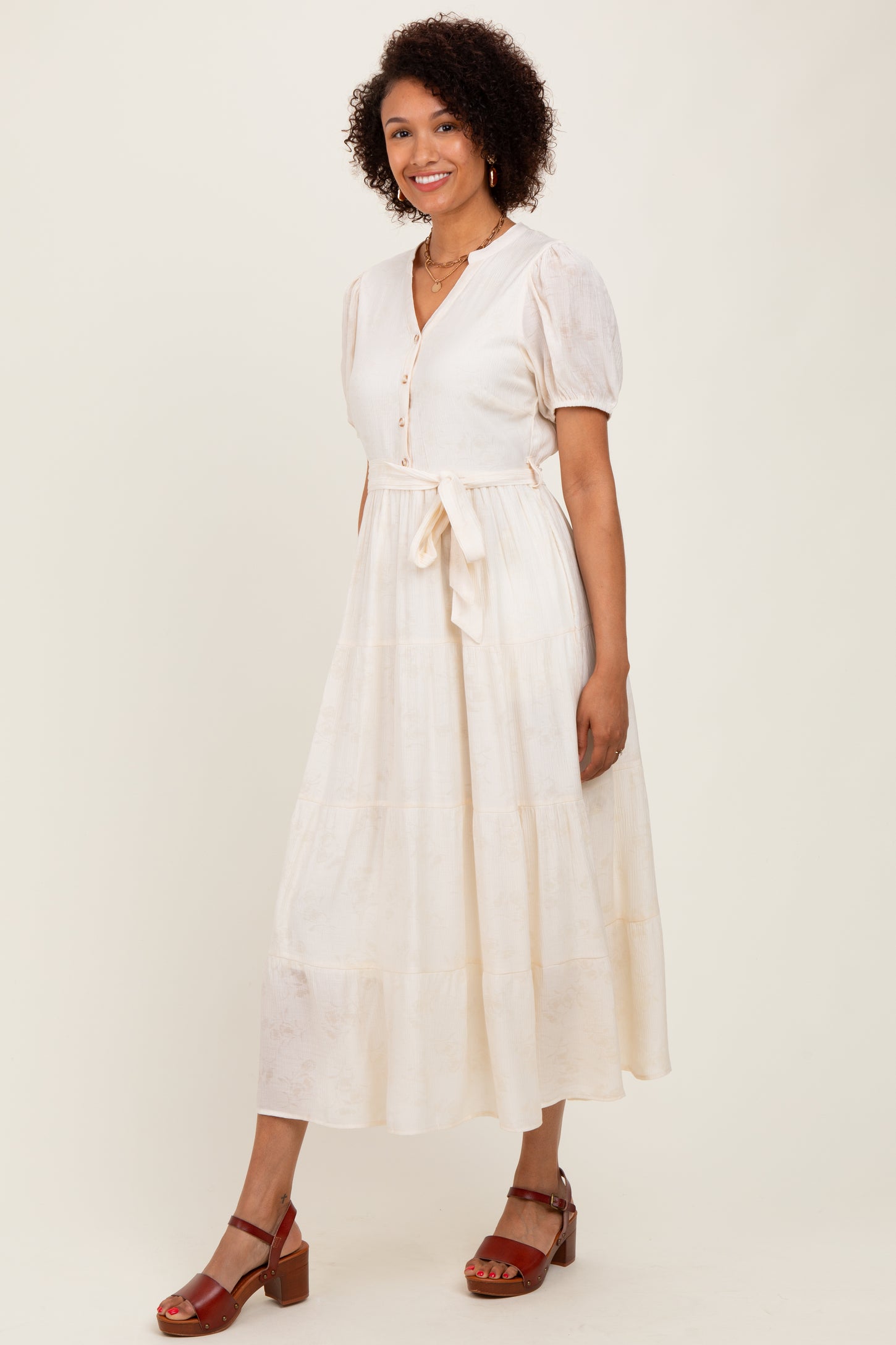 Cream Split Neckline Tiered Midi Dress