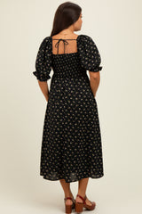 Black Floral Smocked Puff Sleeve Maternity Midi Dress