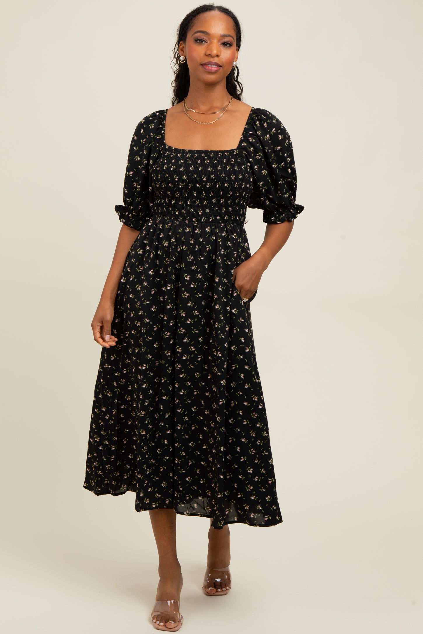 Black Floral Smocked Puff Sleeve Midi Dress