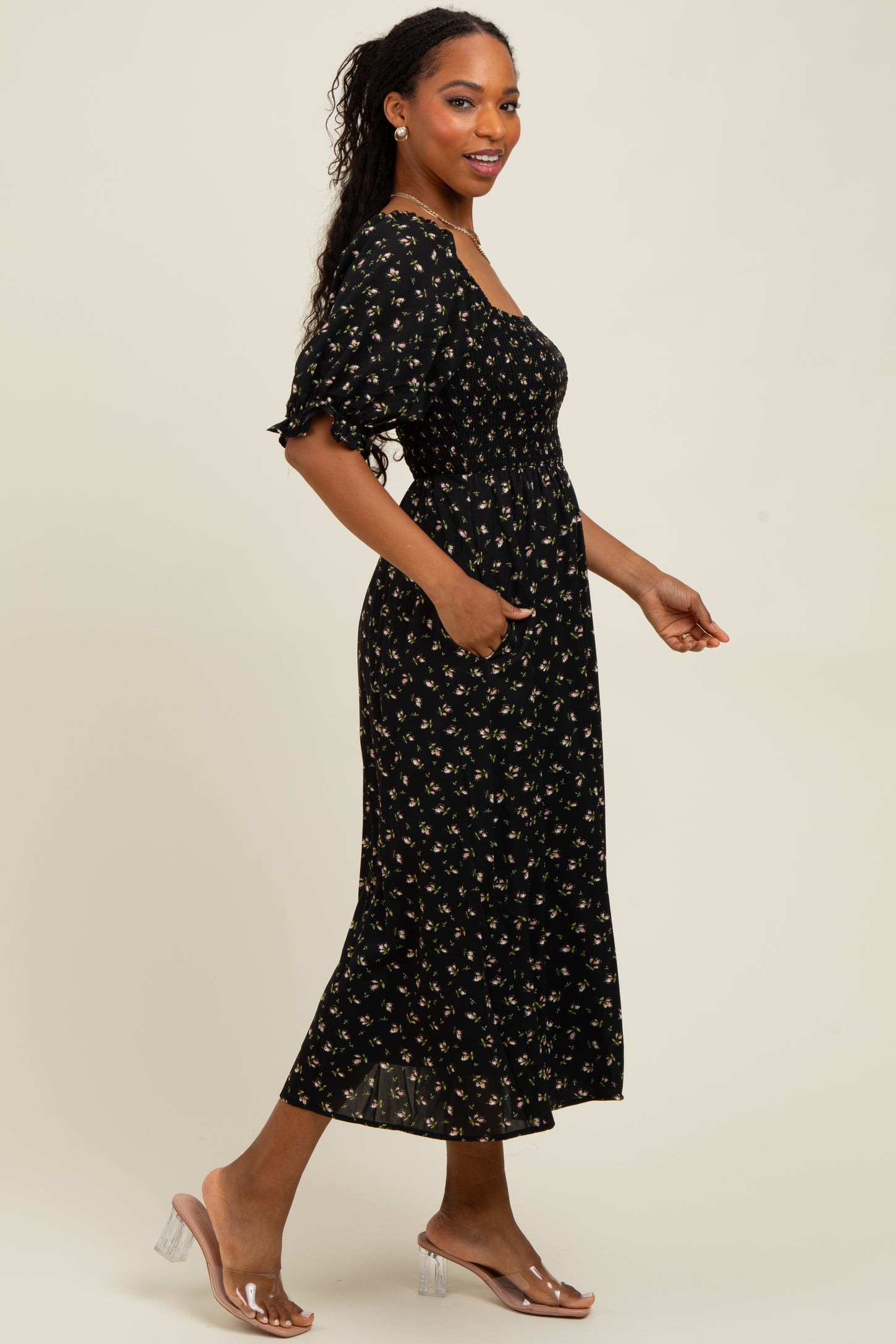 Black Floral Smocked Puff Sleeve Midi Dress