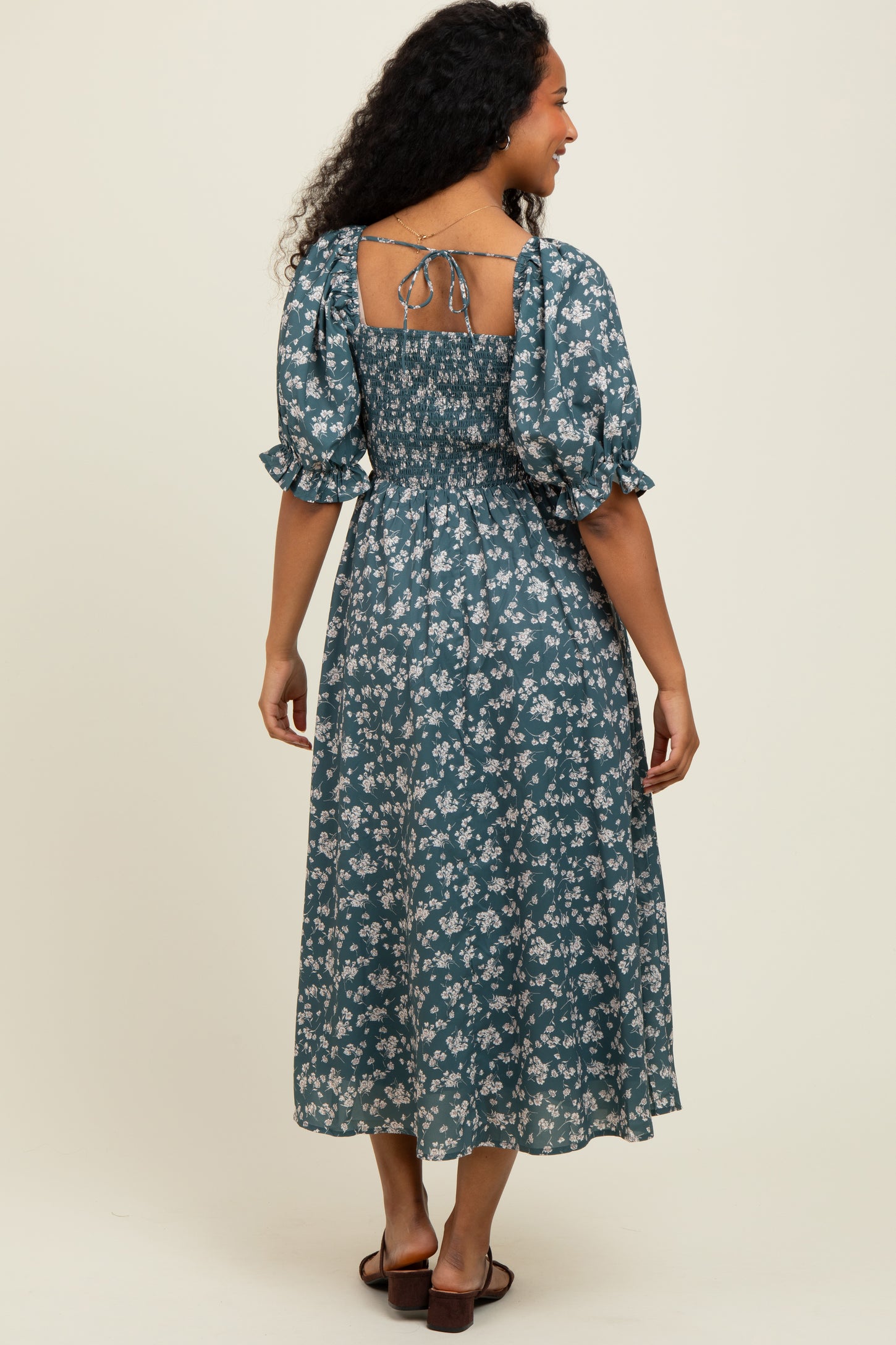 Forest Green Floral Smocked Puff Sleeve Midi Dress