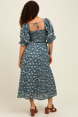 Forest Green Floral Smocked Puff Sleeve Maternity Midi Dress