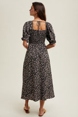 Black Floral Smocked Puff Sleeve Midi Dress