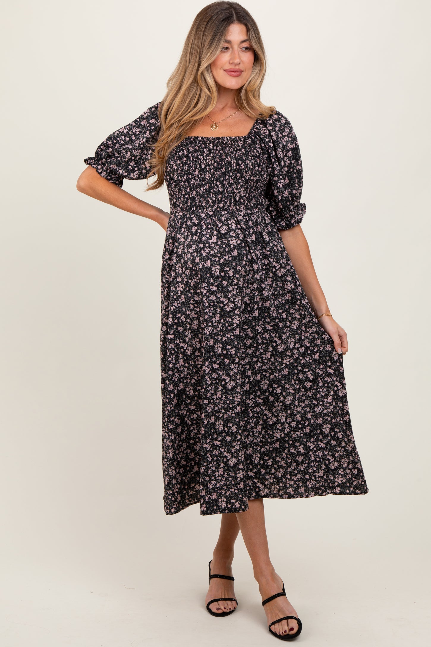 Black Floral Smocked Puff Sleeve Maternity Midi Dress