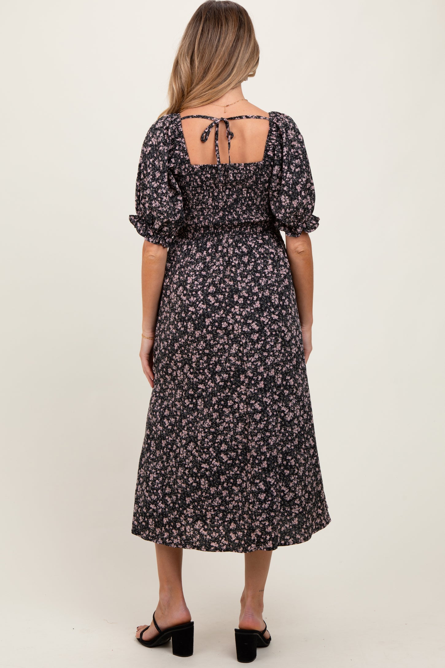 Black Floral Smocked Puff Sleeve Maternity Midi Dress