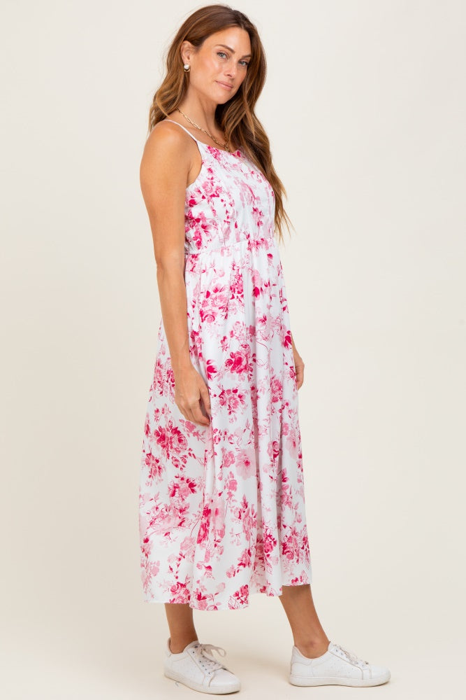 Pink Floral Sleeveless Piping Detail Midi Dress