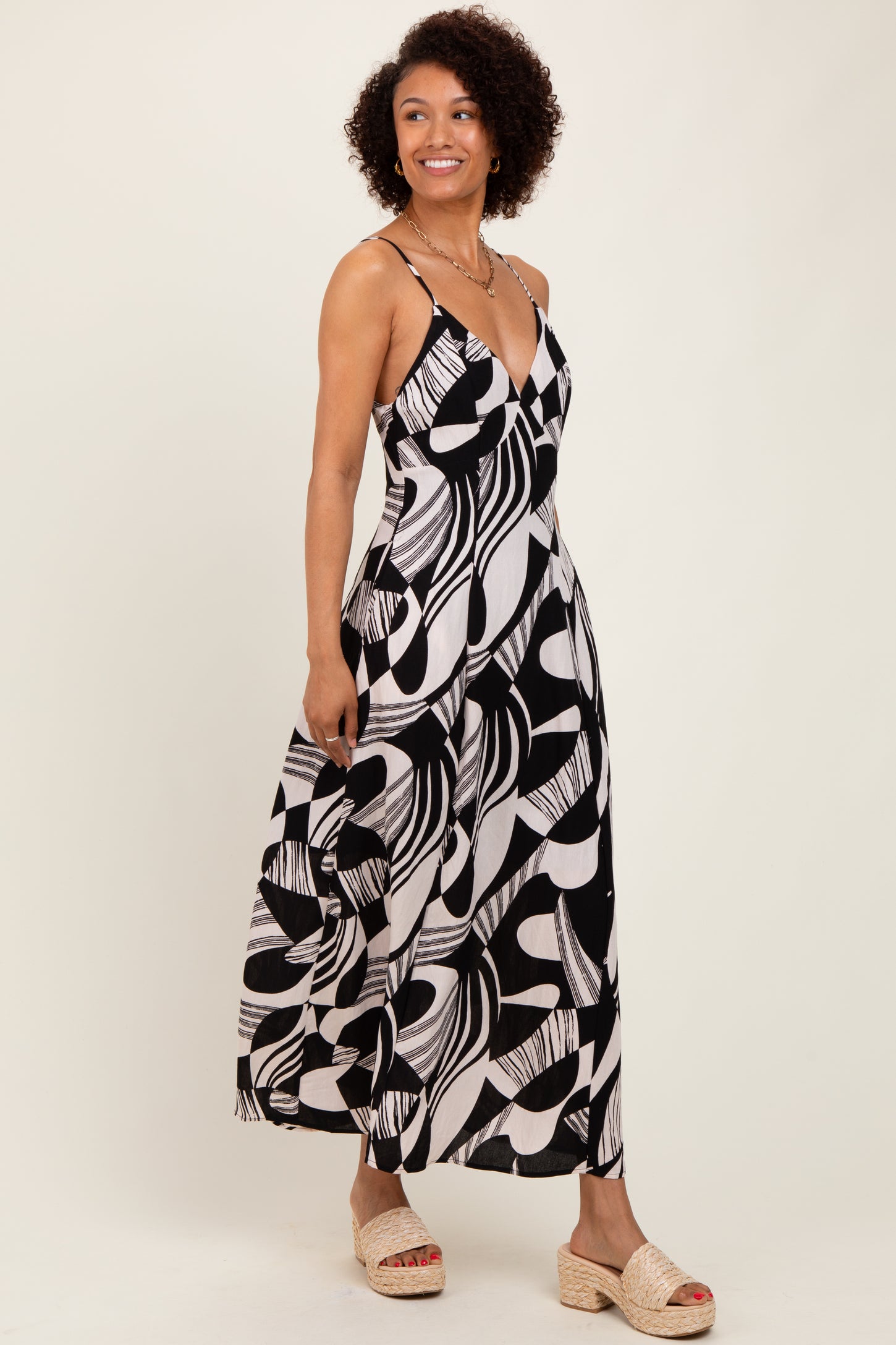 Black Geometric Print Sleeveless Maxi Dress