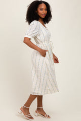 Light Blue Swiss Dot Floral Print Button Down Midi Dress