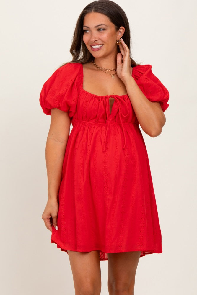 Red Eyelet Lace Puff Sleeve Maternity Mini Dress