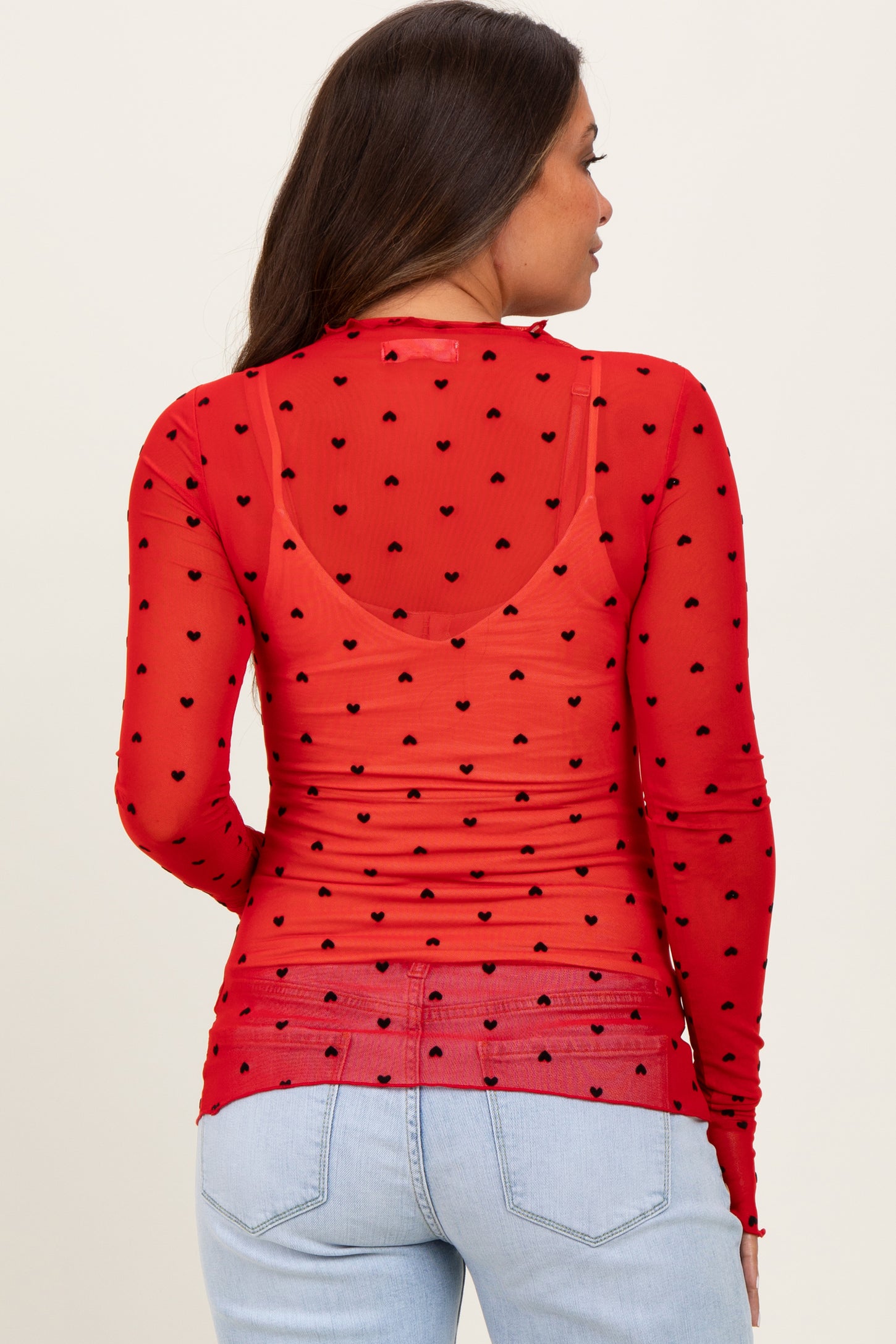 Red Mesh Heart High Neck Long Sleeve Maternity Top