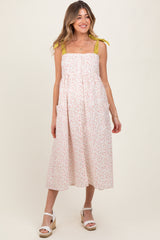 Cream Floral Shoulder Tie Button Down Maternity Midi Dress