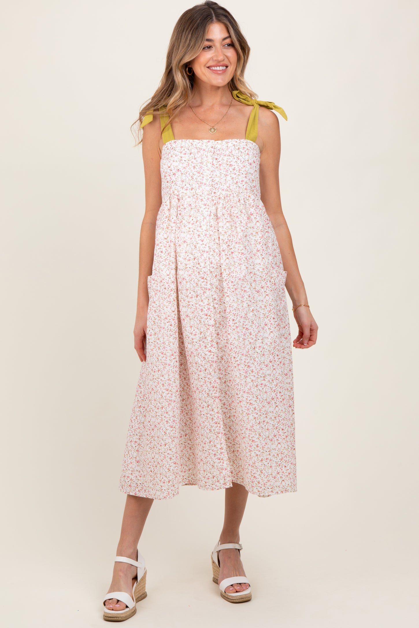 Cream Floral Shoulder Tie Button Down Maternity Midi Dress