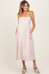 Cream Floral Shoulder Tie Button Down Maternity Midi Dress