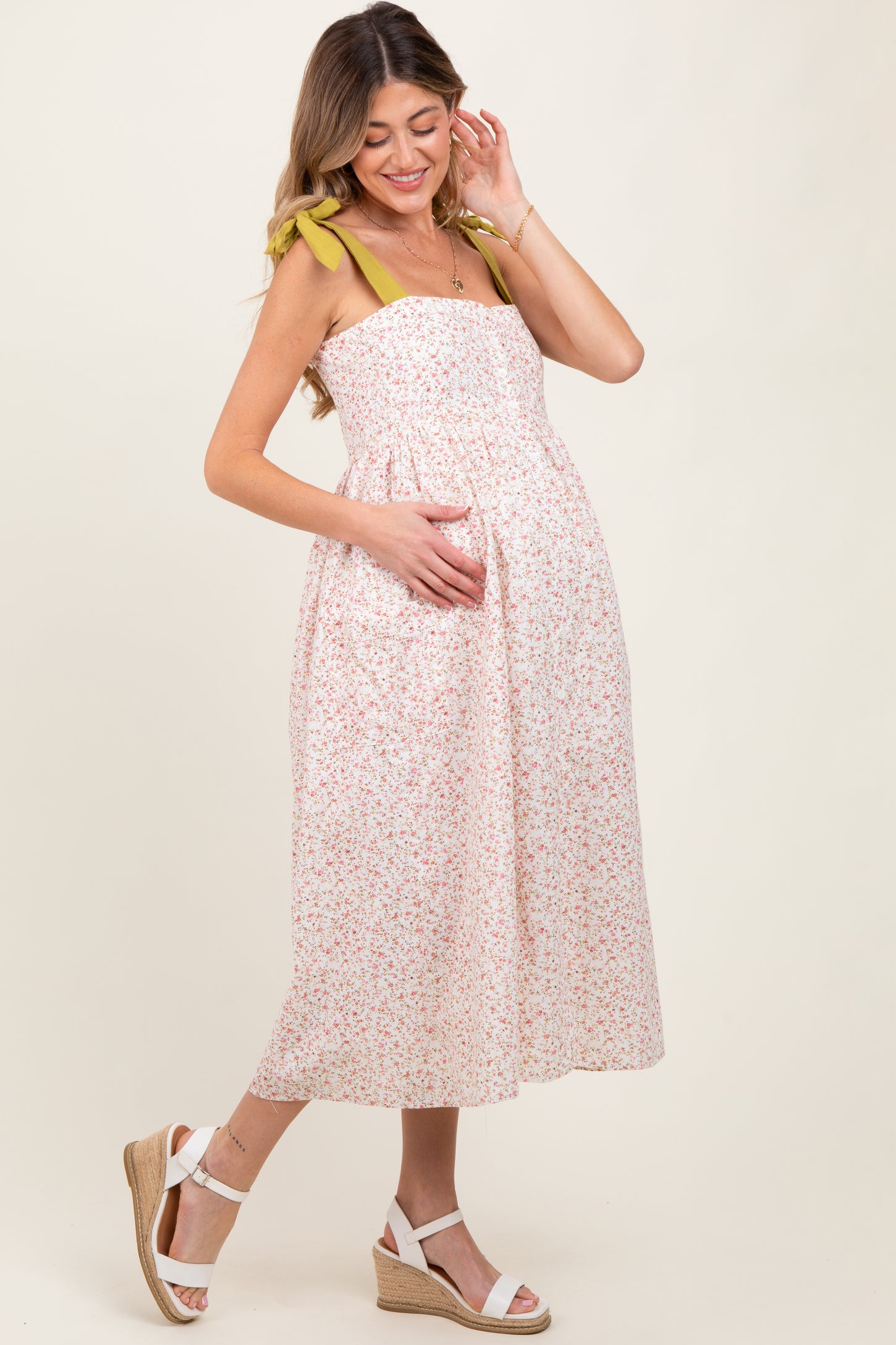Cream Floral Shoulder Tie Button Down Maternity Midi Dress