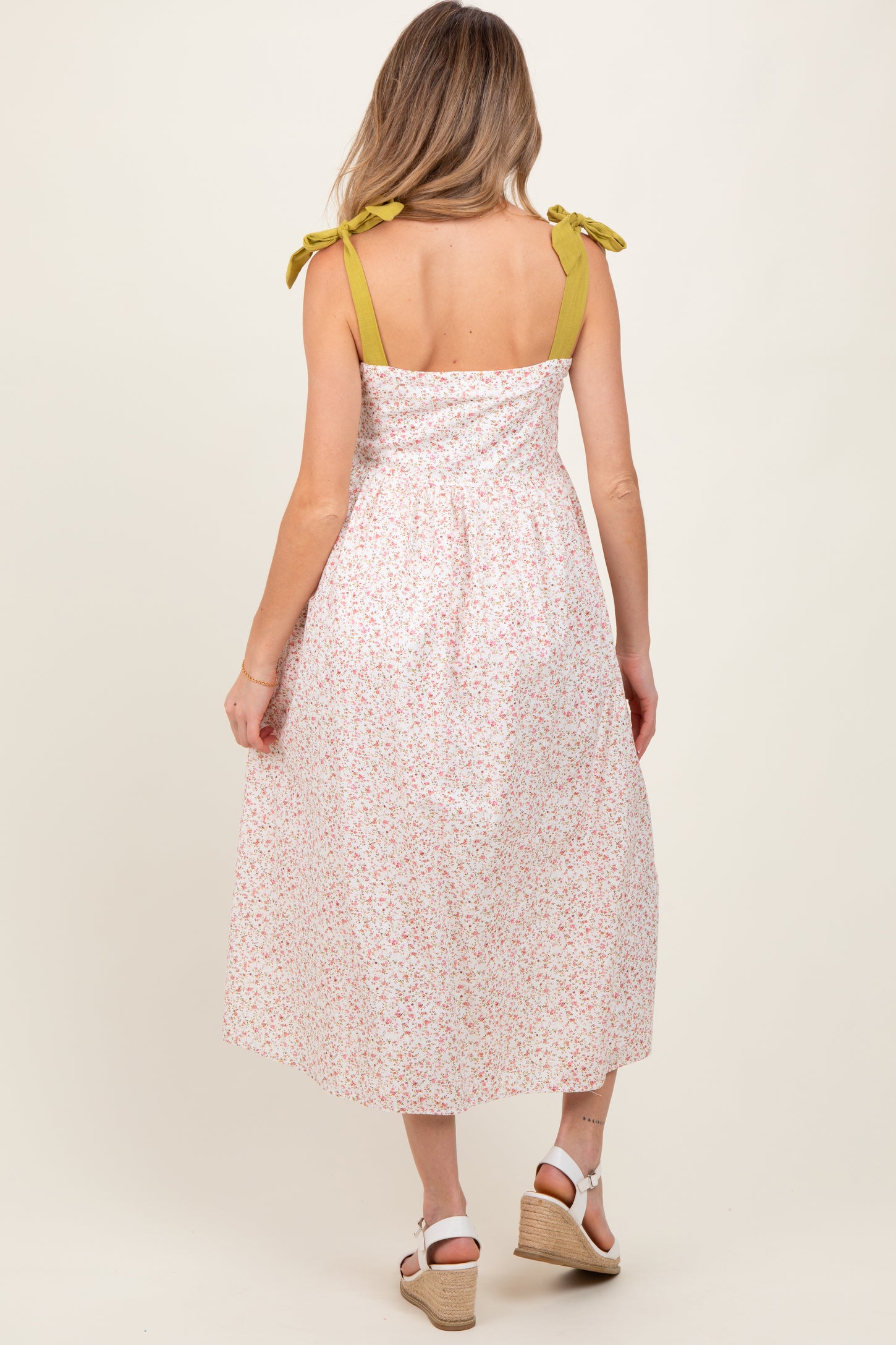 Cream Floral Shoulder Tie Button Down Maternity Midi Dress