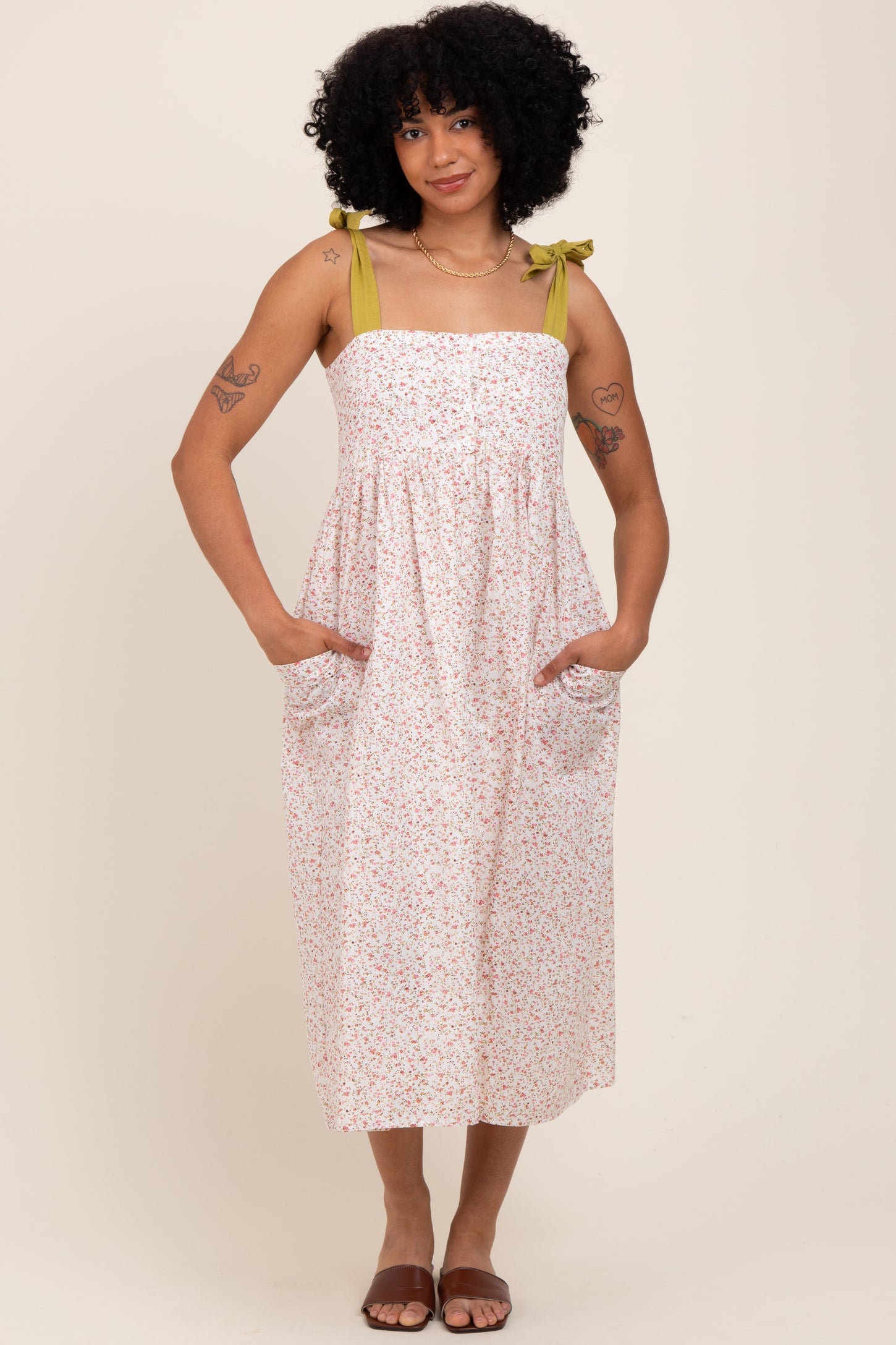 Cream Floral Shoulder Tie Button Down Midi Dress