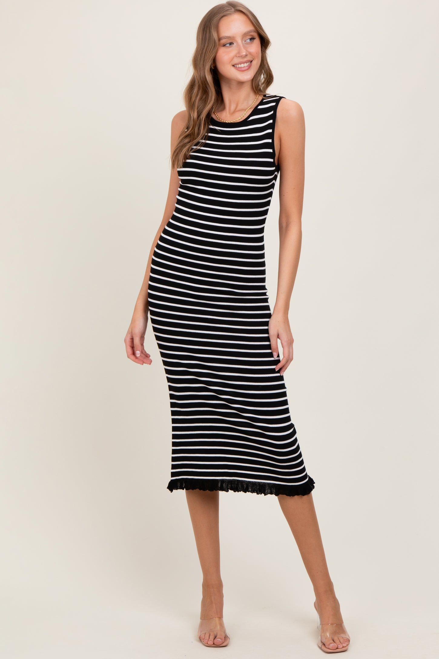 Black Striped Knit Sleeveless Ruffle Hem Midi Dress