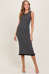 Black Striped Knit Sleeveless Ruffle Hem Maternity Midi Dress