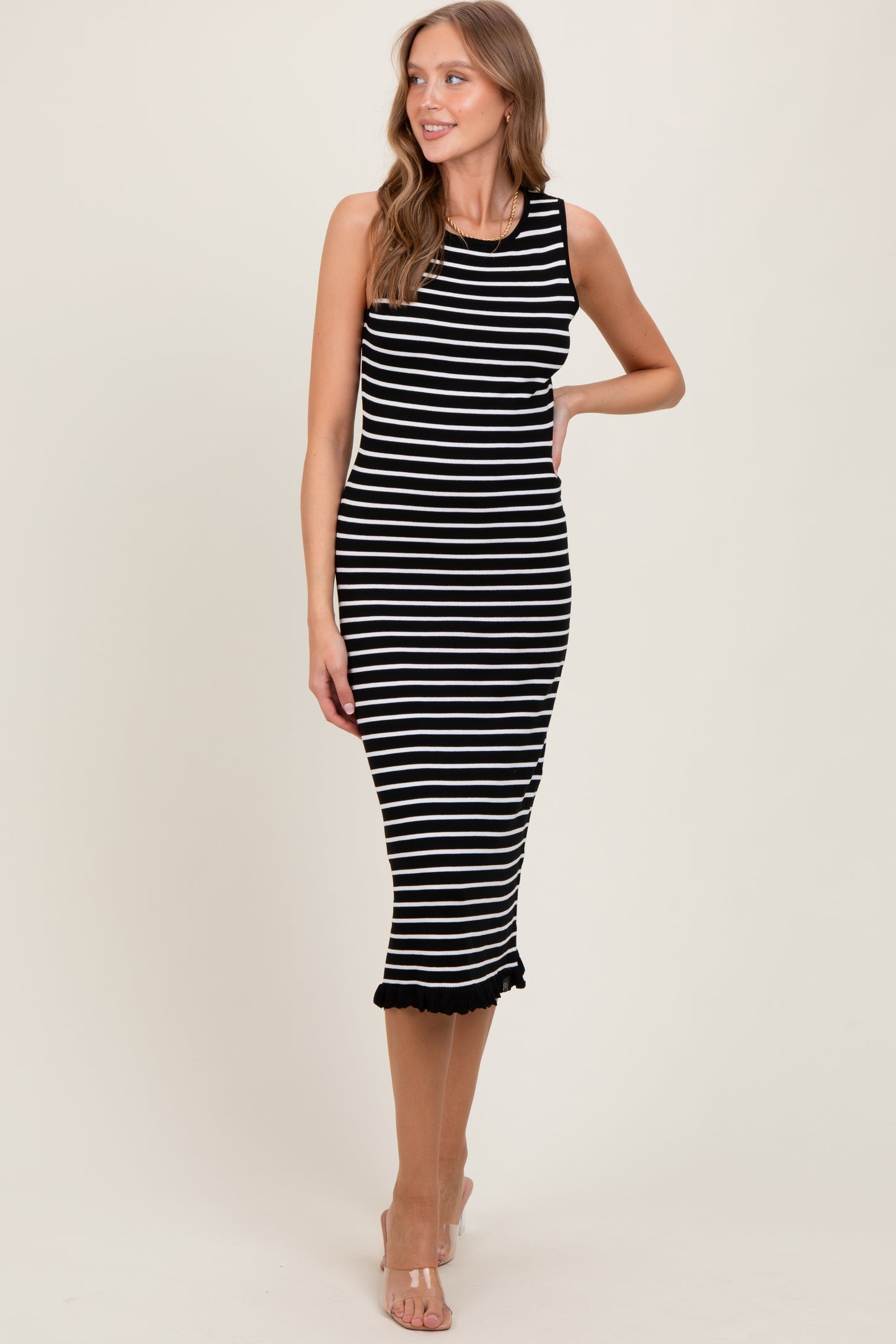 Black Striped Knit Sleeveless Ruffle Hem Midi Dress