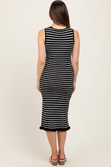 Black Striped Knit Sleeveless Ruffle Hem Maternity Midi Dress