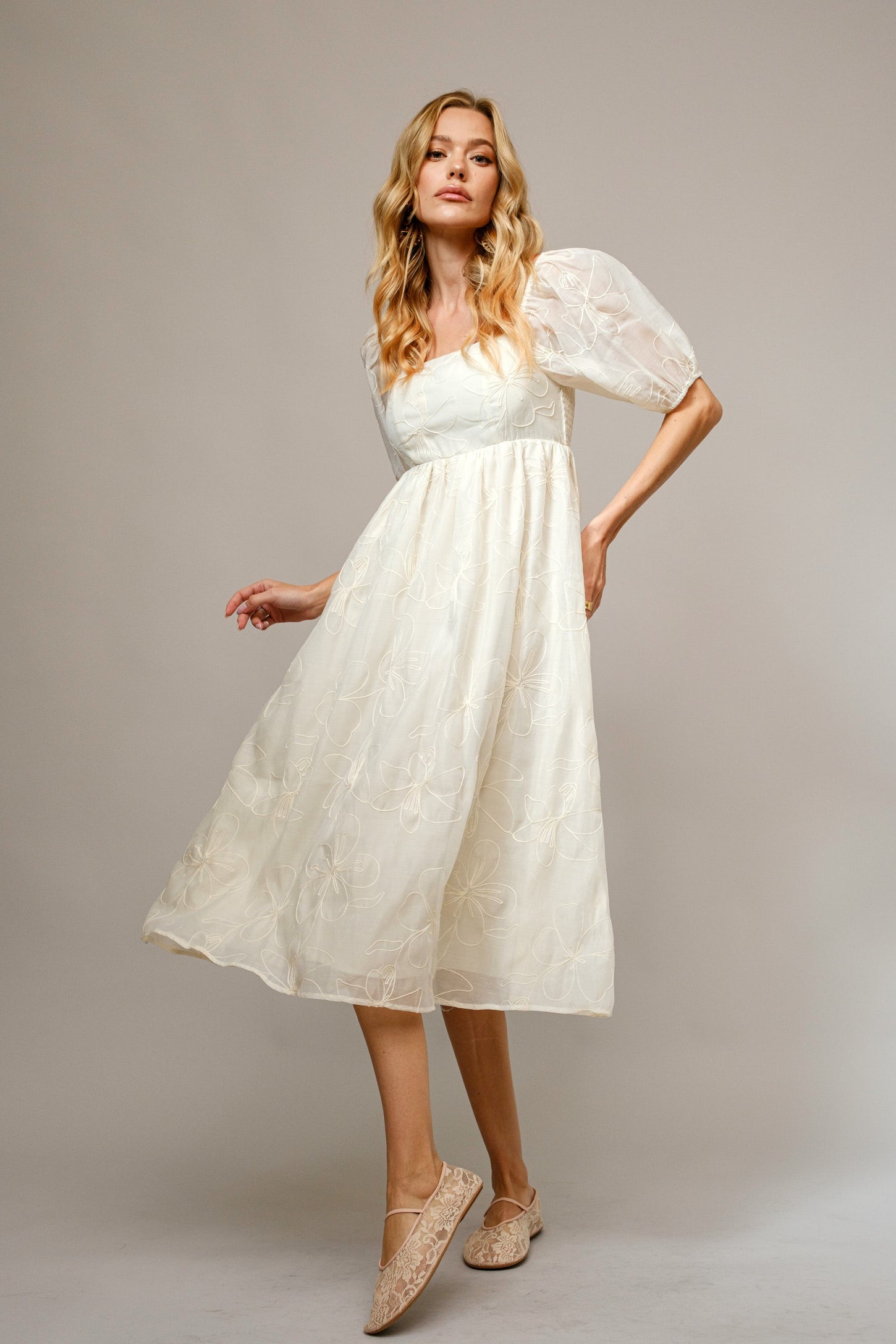 Cream Embroidered Floral Puff Sleeve Maternity Midi Dress