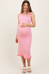 Light Pink Striped Knit Sleeveless Ruffle Hem Maternity Midi Dress