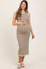 Beige Striped Knit Sleeveless Ruffle Hem Maternity Midi Dress