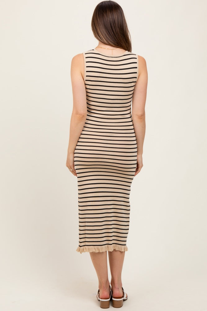Beige Striped Knit Sleeveless Ruffle Hem Maternity Midi Dress