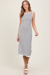 White Striped Knit Sleeveless Ruffle Hem Maternity Midi Dress