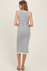 White Striped Knit Sleeveless Ruffle Hem Midi Dress