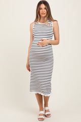 White Striped Knit Sleeveless Ruffle Hem Maternity Midi Dress