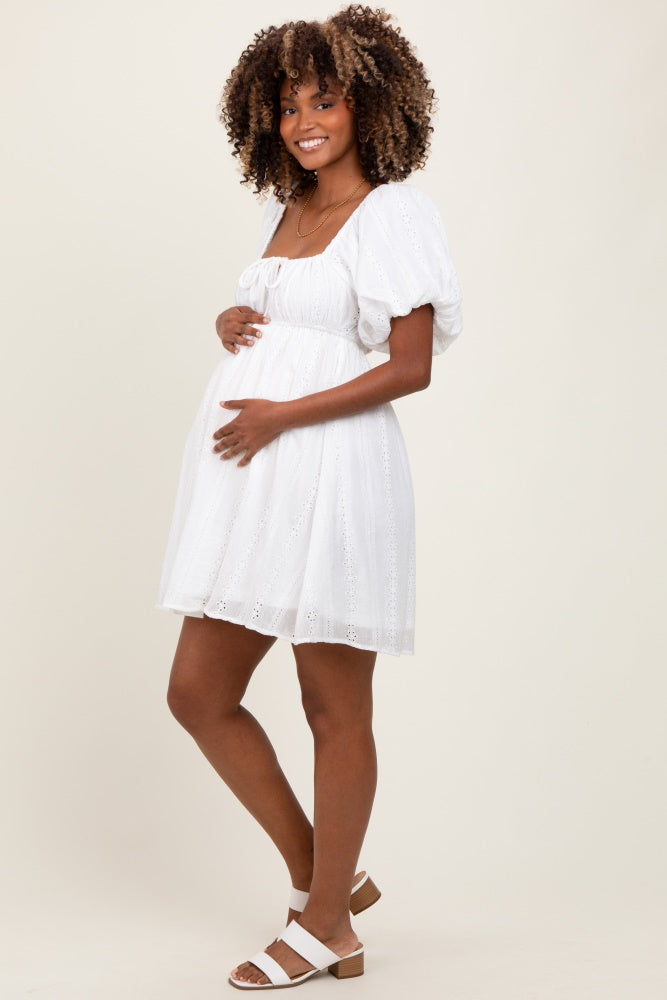 Ivory Eyelet Lace Puff Sleeve Maternity Mini Dress