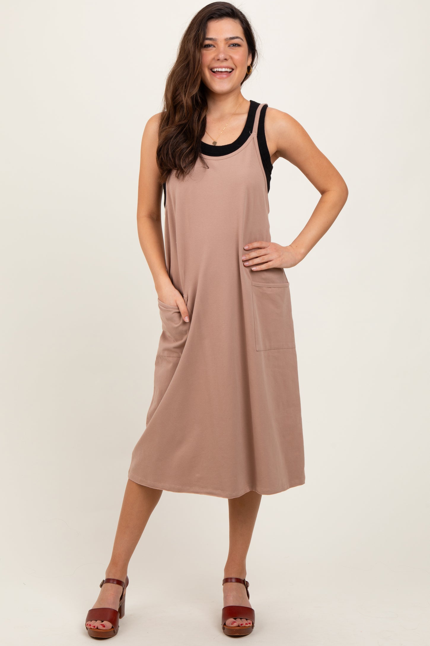 Taupe Knit V-Neck Cami Midi Dress