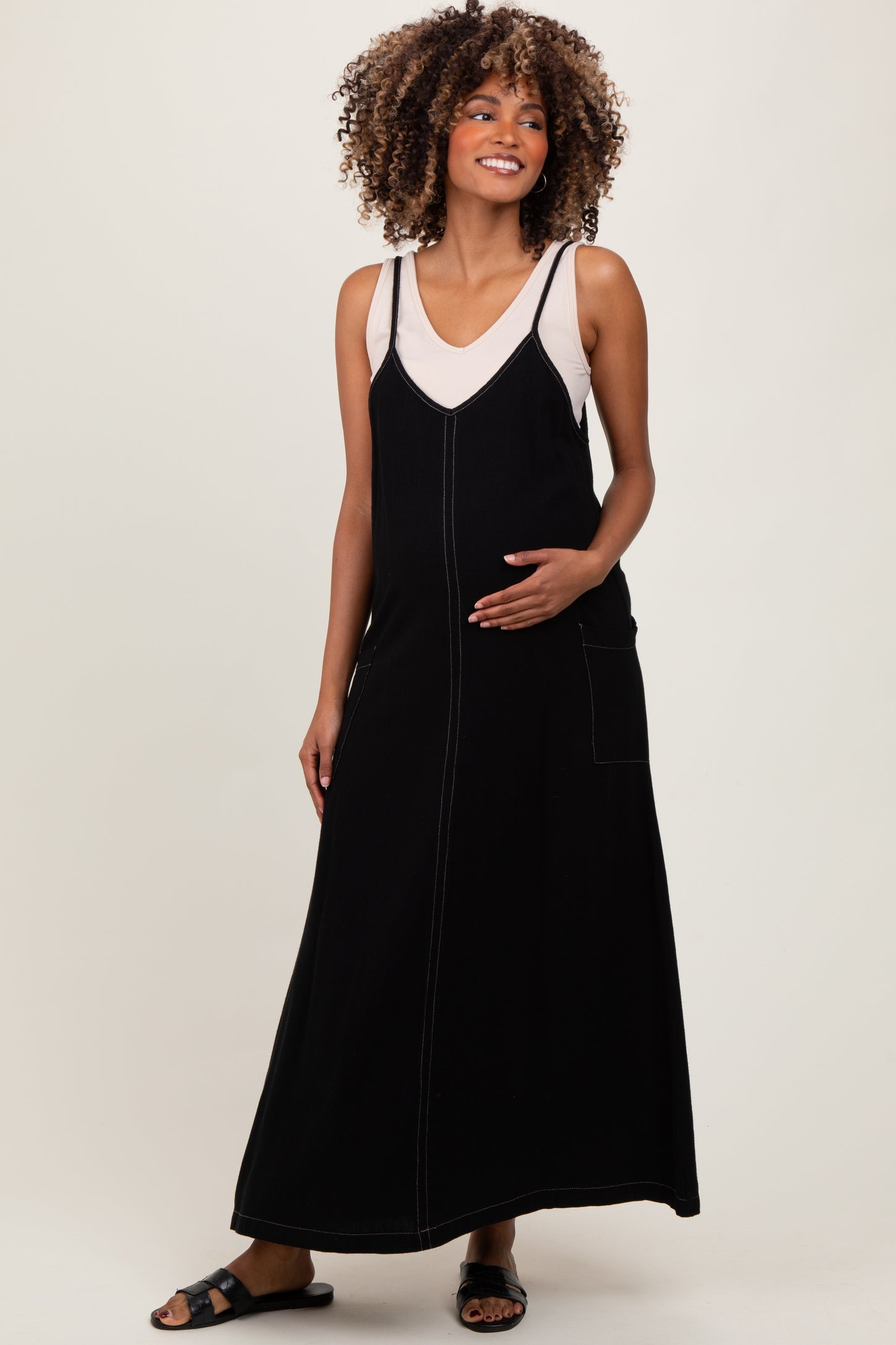 Black Linen Mixed Overall Maternity Midi Dress