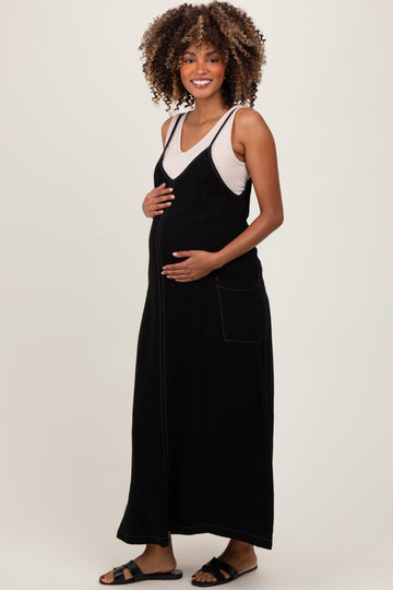 Black Linen Mixed Overall Maternity Midi Dress