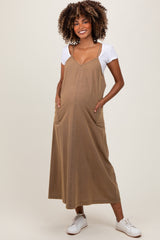 Olive V-Neck Overall Maternity Midi Dress