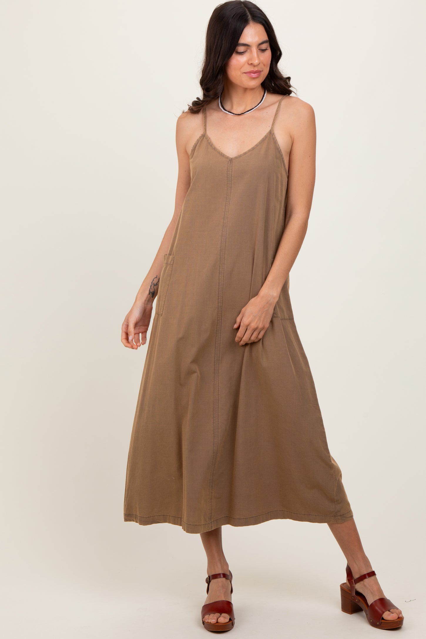 Olive V-Neck Overall Midi Dress