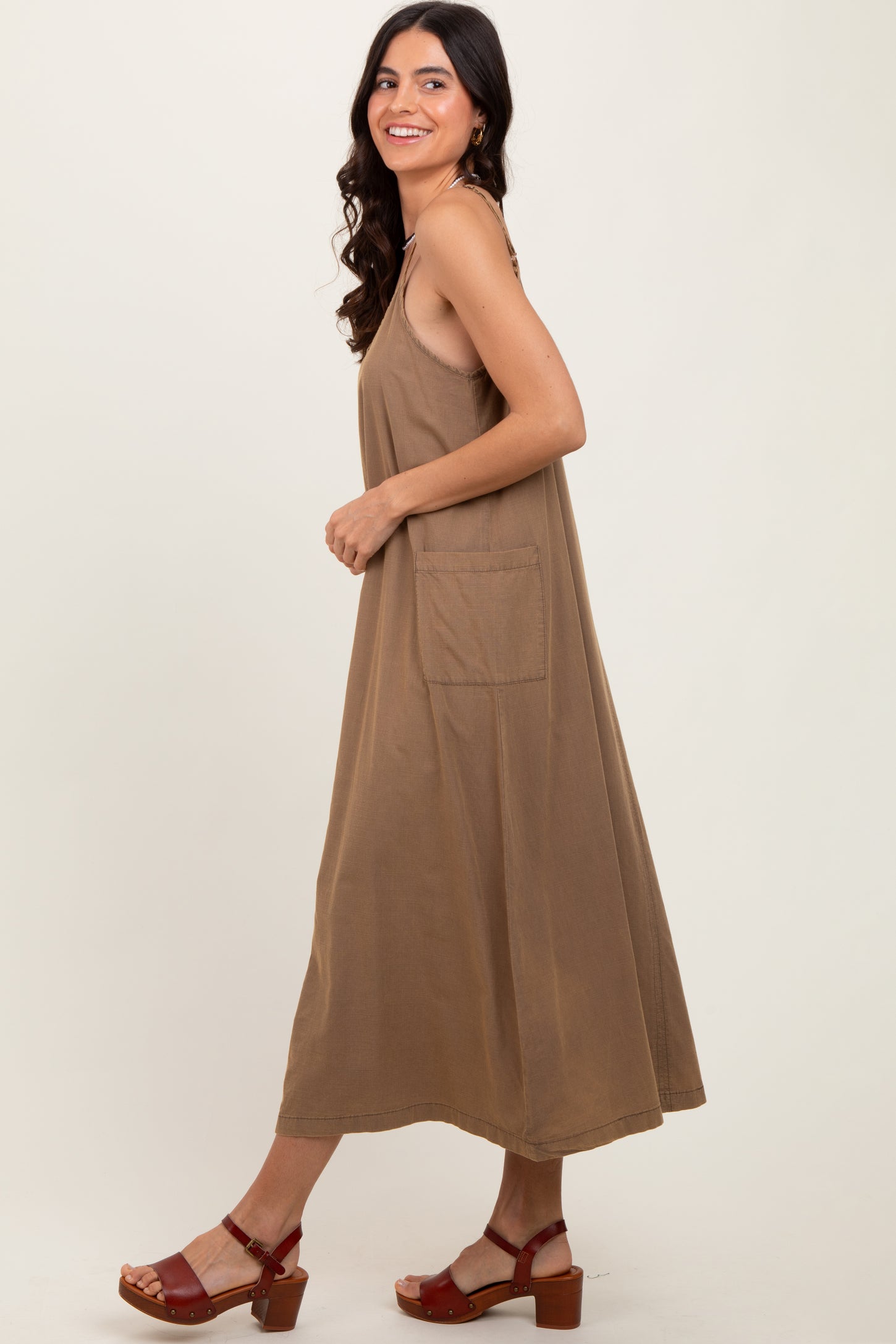 Olive V-Neck Overall Midi Dress