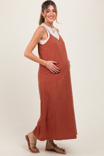 Rust V-Neck Overall Maternity Midi Dress