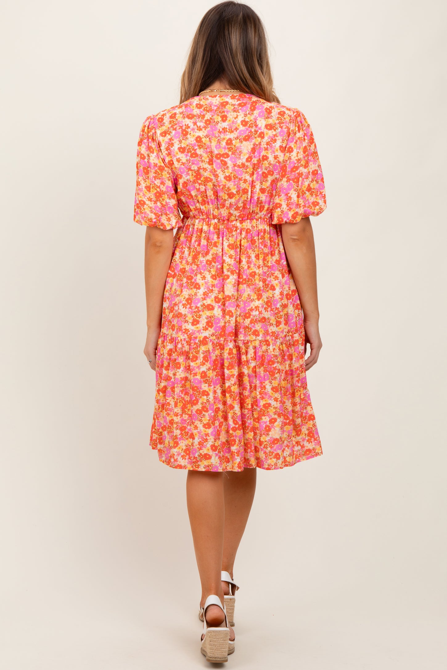 Pink Floral Button Down V-Neck Short Sleeve Dress