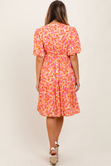 Pink Floral Button Down V-Neck Short Sleeve Dress