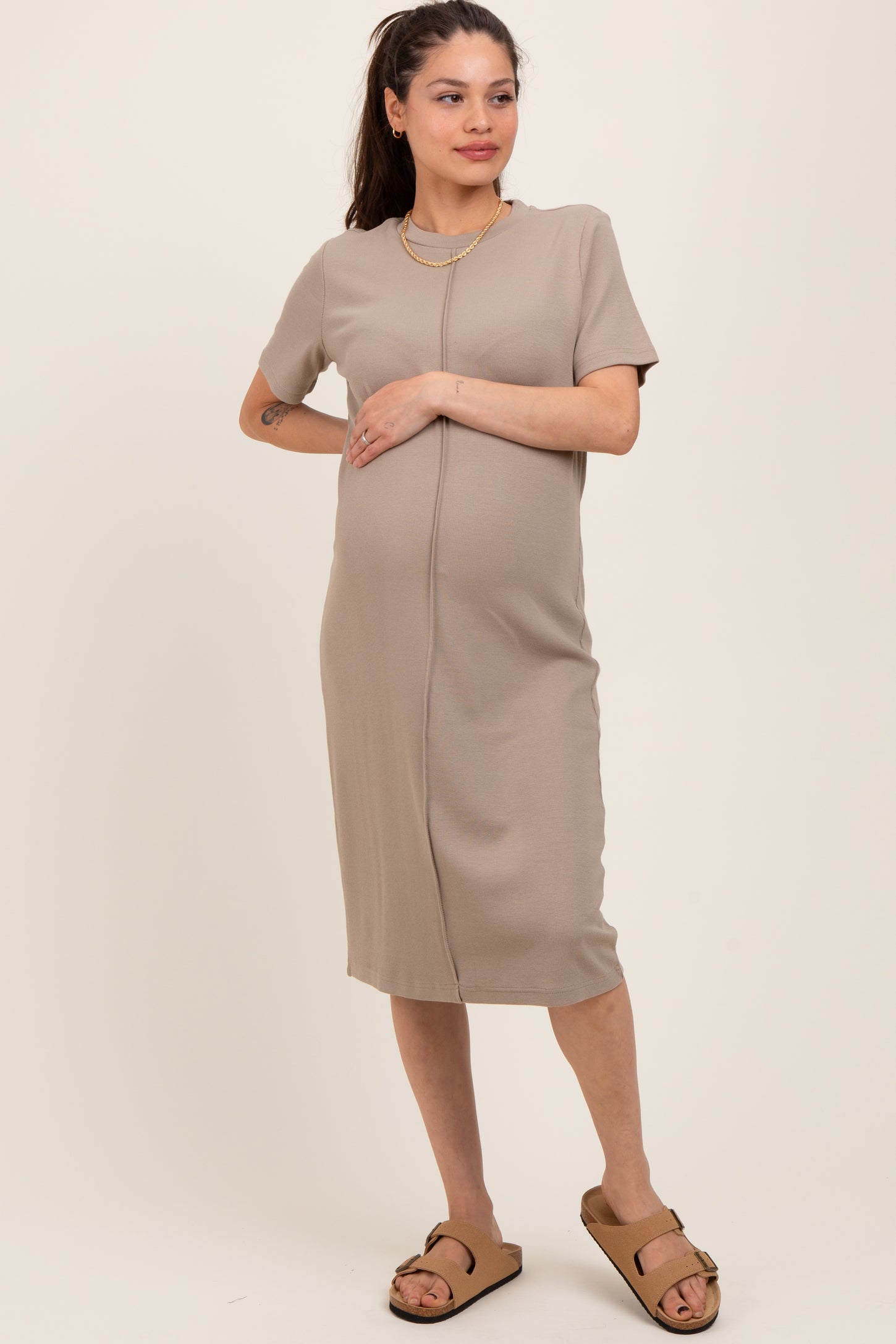 Taupe Soft Knit Short Sleeve Maternity Dress