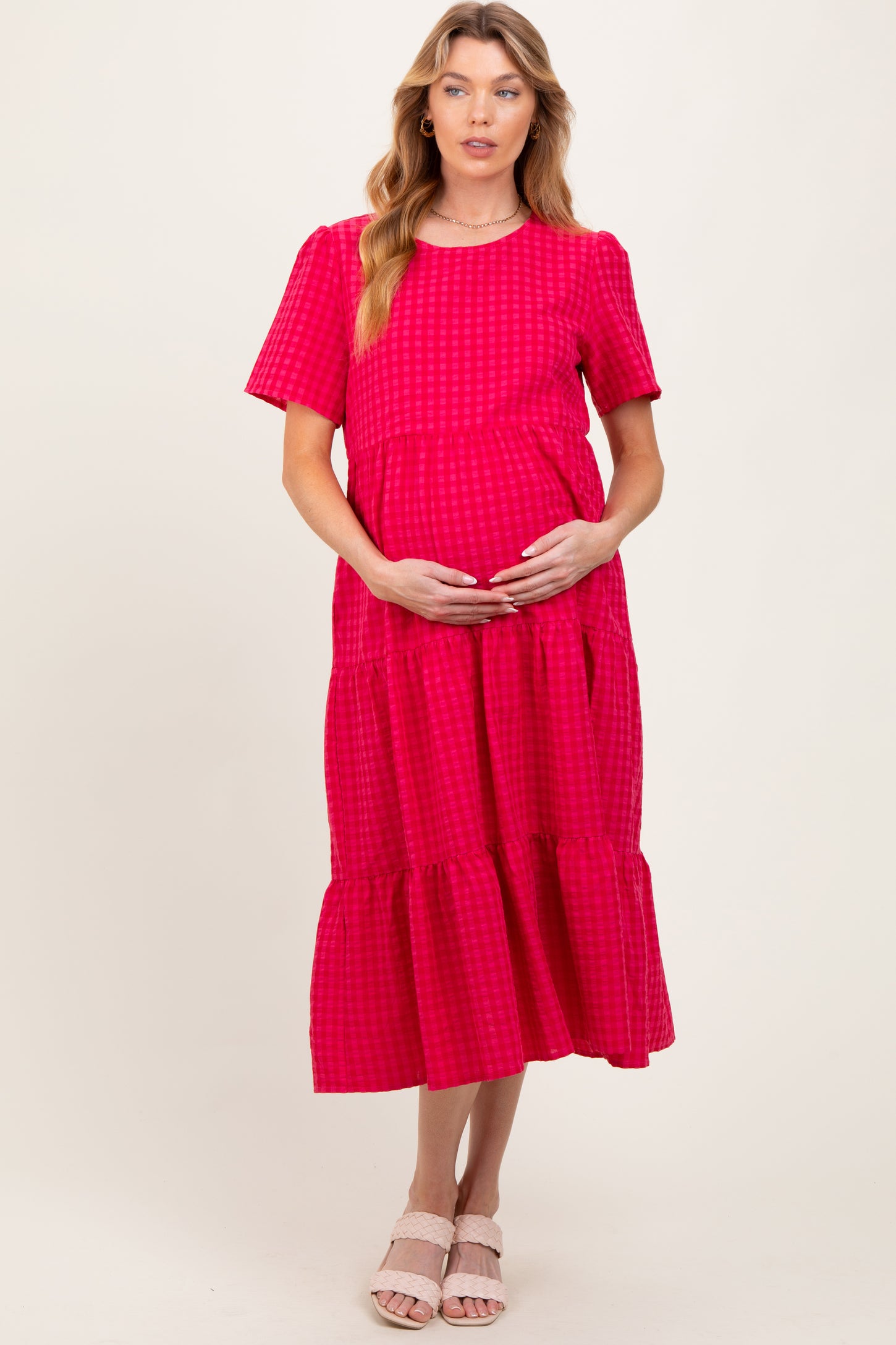 Fuchsia Short Sleeve Tiered Maternity Midi Dress