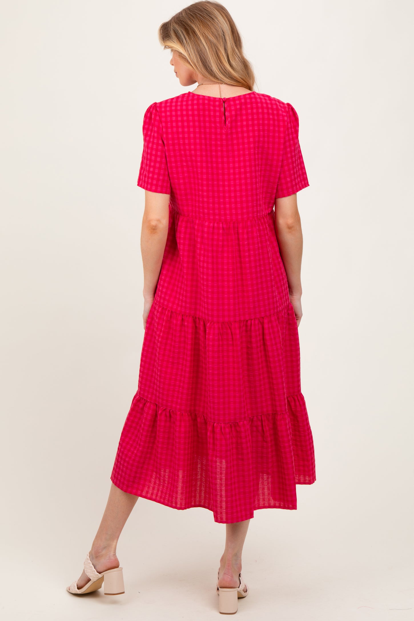 Fuchsia Short Sleeve Tiered Maternity Midi Dress