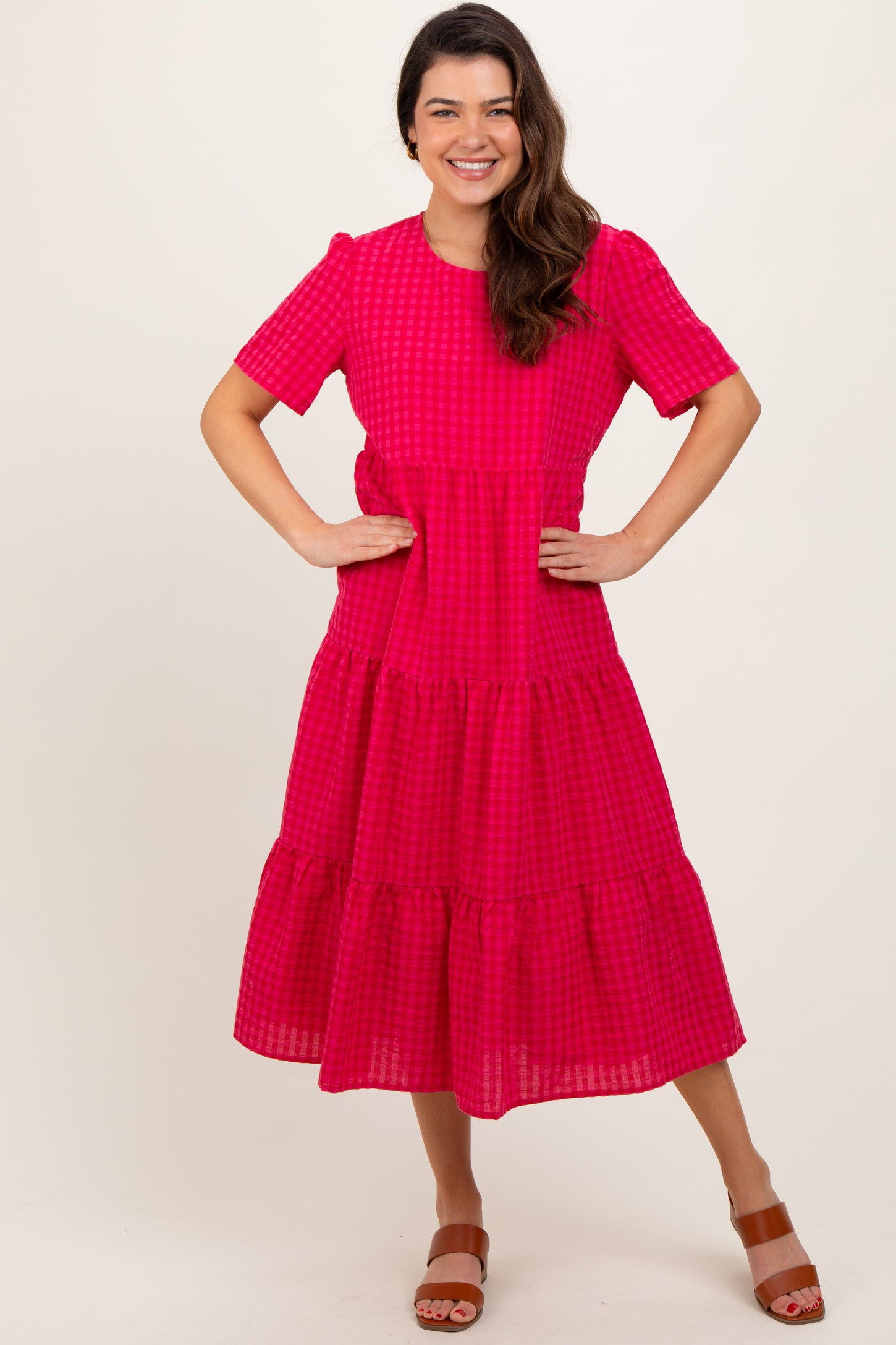 Fuchsia Short Sleeve Tiered Maternity Midi Dress